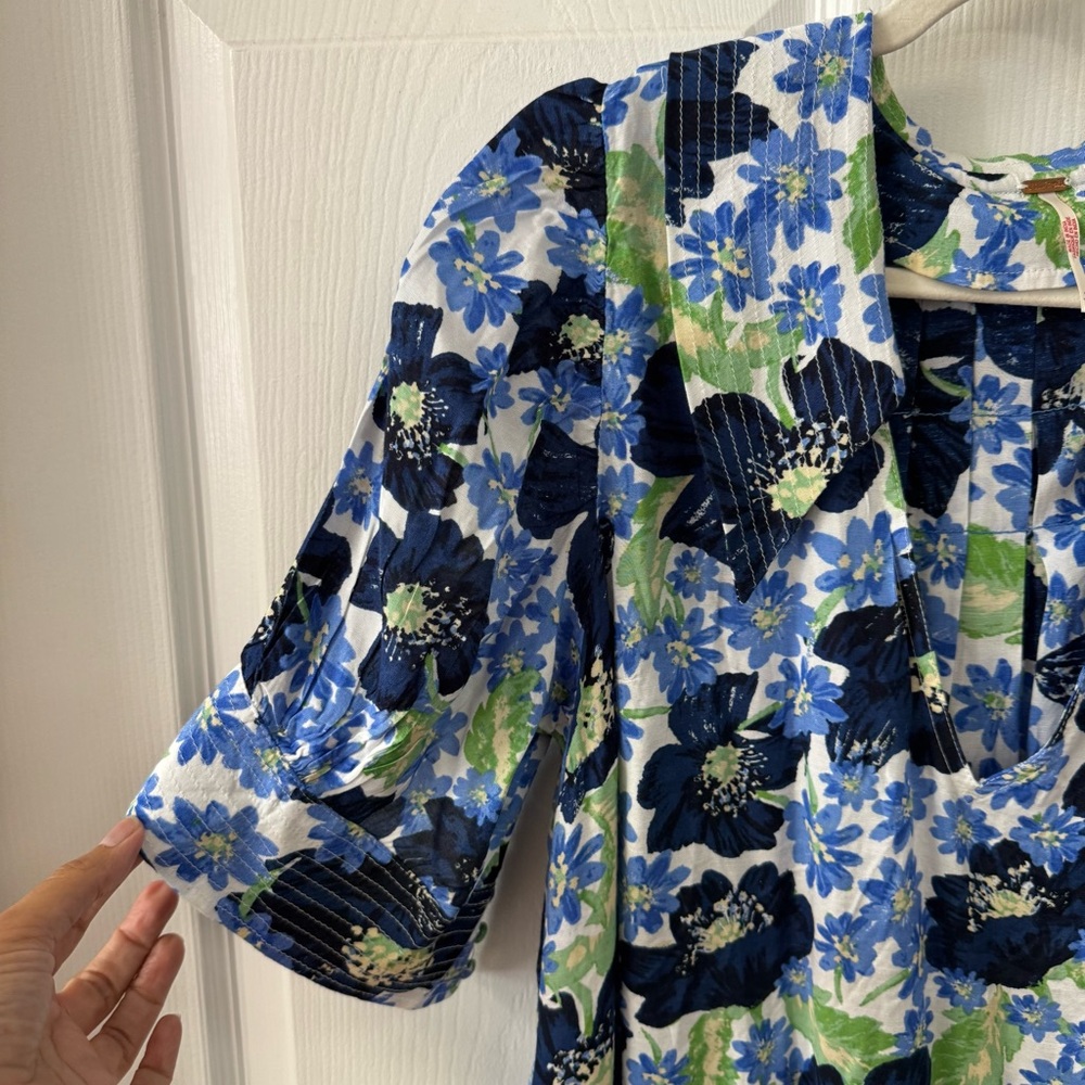 Free People Floral Mini Dress Blue Green Flowy V Neck Size LG Moon Chaser - Picture 6 of 13